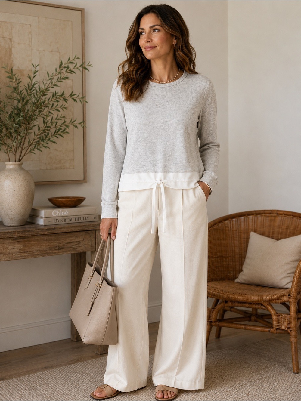 Club Monaco Light Grey Mixed Media Drawstring Top XS
